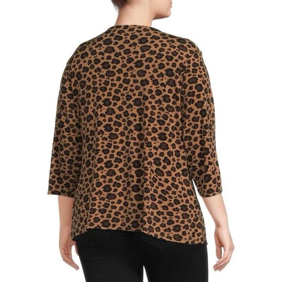 Carmen Marc Valvo 1X Leopard Print 3/4 Sleee Top Brown Tan Ruched Elevated Basic - Picture 3 of 11